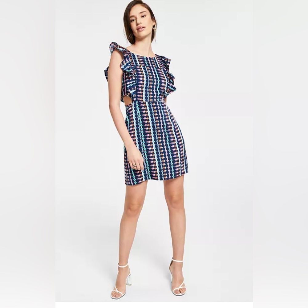 BAR III Printed Ruffle-Trimmed Cutout Dress